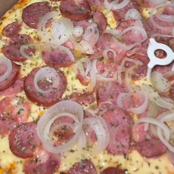 Pizza de calabresa em rodela, coberta de anéis de cebola e orégano, dentro da caixa