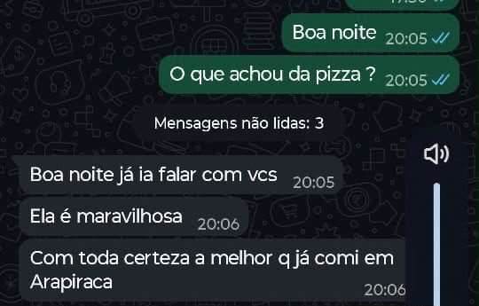 Print da conversa no WhatsApp. A pizzaria pergunta o que achou da pizza e o cliente responde: boa noite, já ia falar com vcs. Ela é maravilhosa. Com toda certeza a melhor q já comi em Arapiraca.